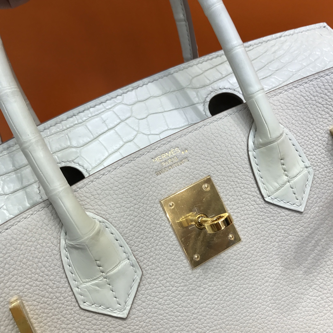 Hermes Touch Birkin 30CM Handbag In White Clemence and Matte Alligator Crocodile Skin